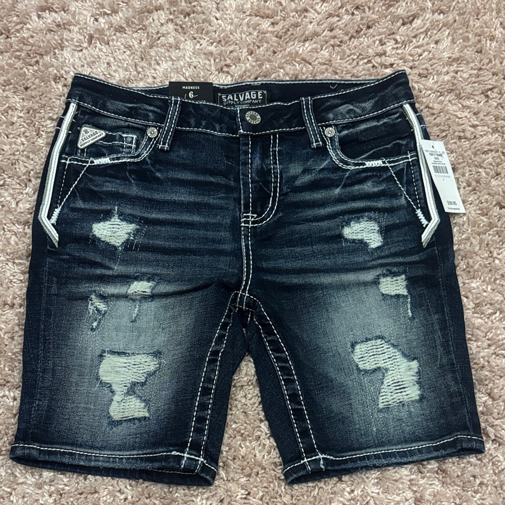 Boys Salvage Dark Wash Distressed Denim Shorts with White Stitching